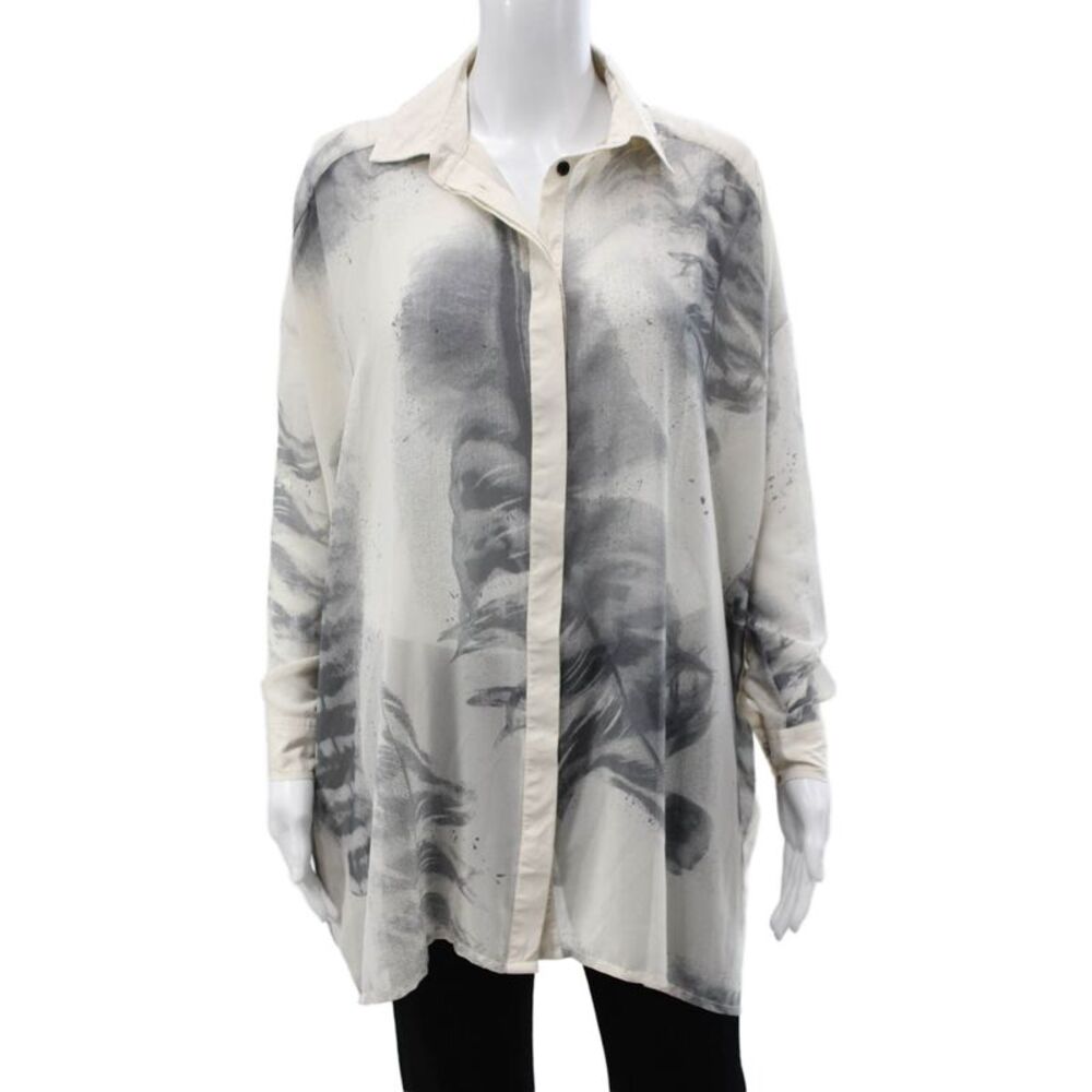 Religion Women Tunic Collared Long Sleeve Button Up Beige Graphic Print Size XS